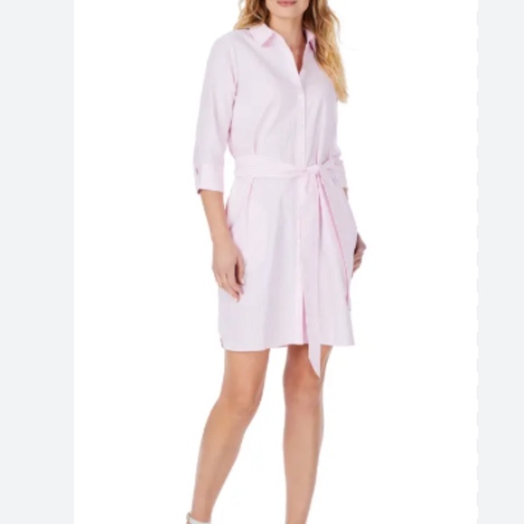 Foxcroft Pink & White Striped Belted Shirt Dress Wrinkle-Free Sz 4 - Picture 1 of 14